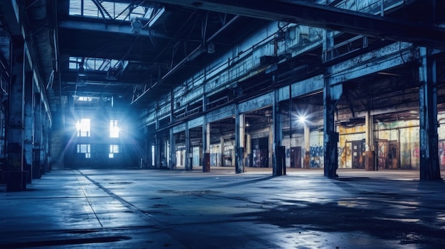 el interior de un almacén vacío con la luz brillando a través.