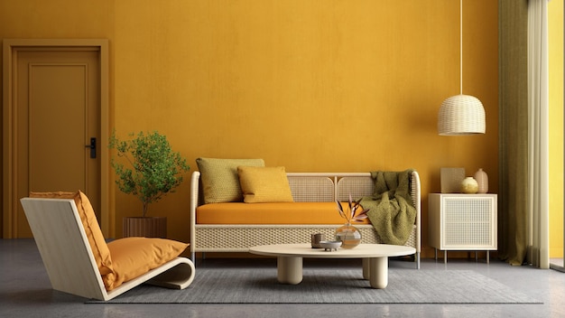 Interior amarelo da sala de estar com lâmpada e planta da poltrona do sofá