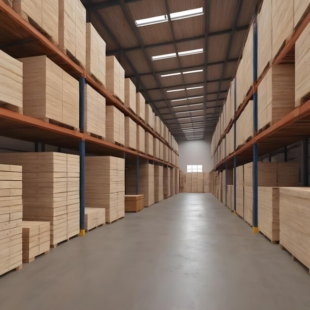 El interior de un amplio almacén lleno de paletas de madera a la luz del día