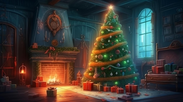 Interior de año nuevo en la casa con un árbol de navidad y regalos en la noche de navidad ai generado