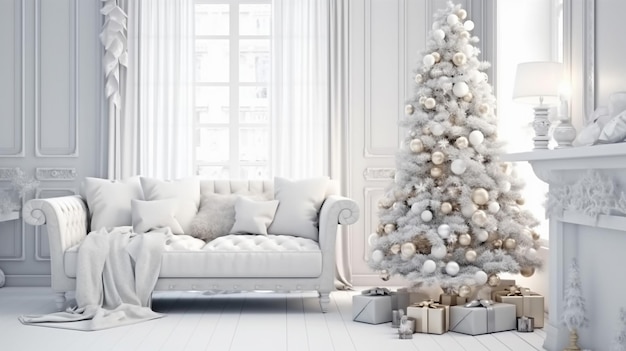 Interior de año nuevo de invierno de sala de estar con sofá blanco estilo escandinavo