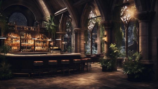 Interior antiguo de la catedral con bar o pub dentro del estilo de la iglesia gótica