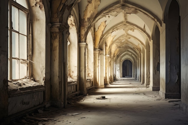 Interior de un antiguo edificio abandonado con arcos y un pasillo Un viejo pasillo vacío Edificio abandonado vintage con una ventana Generado por IA