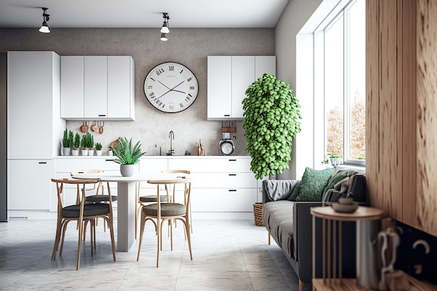 Interior de un apartamento contemporáneo con salón y cocina de diseño escandinavo