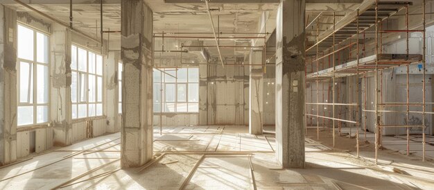 Interior de un apartamento dúplex en construcción con andamios