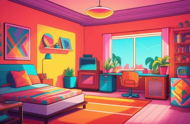 Foto el interior del apartamento es con estampados brillantes y muebles en el estilo del dibujo de un