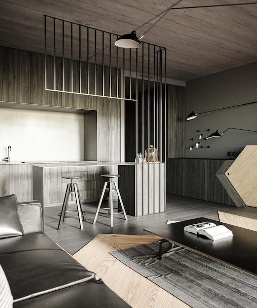 El interior de un apartamento industrial moderno