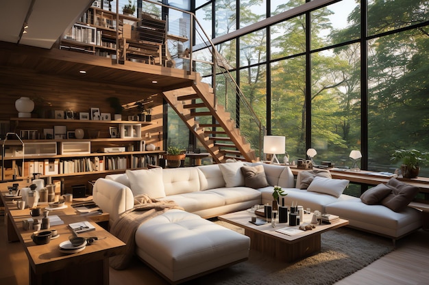 Interior de apartamento moderno en diseño de salón o dormitorio con mesa de trabajo Casa de lujo escandinava