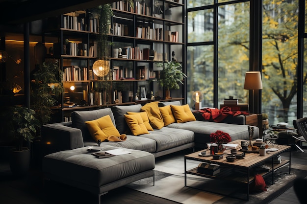 Interior de apartamento moderno en diseño de salón o dormitorio con mesa de trabajo Casa de lujo escandinava