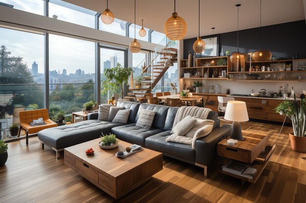 Interior de apartamento moderno en diseño de salón o dormitorio con mesa de trabajo Casa de lujo escandinava