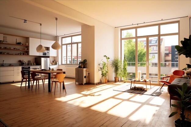 Interior de apartamento moderno con diseño de vida con mesa de trabajo y estantería. Casa de lujo escandinava.