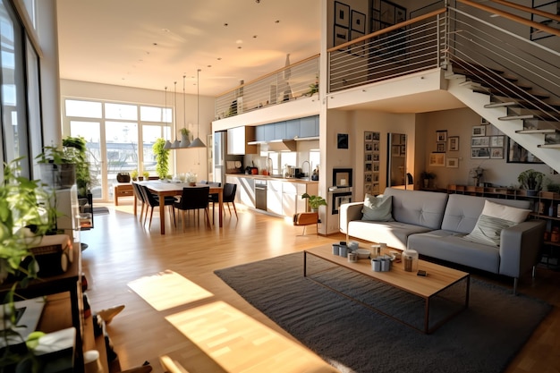 Foto interior de apartamento moderno con diseño de vida con mesa de trabajo y estantería. casa de lujo escandinava.