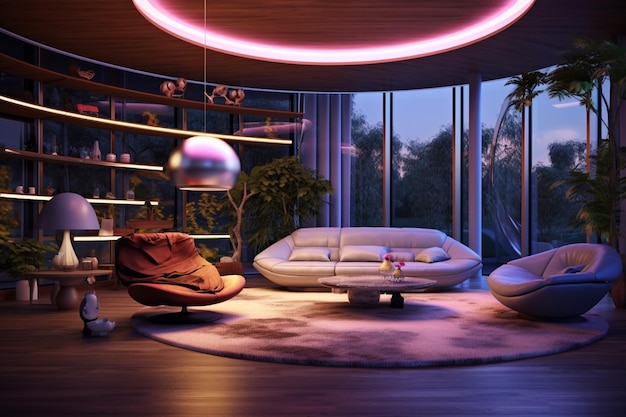 Interior de apartamento moderno y futurista, habitación y muebles con efectos de luces.