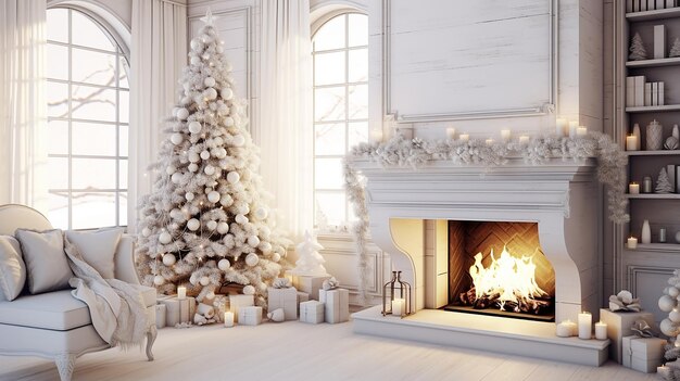 Interior de apartamento moderno y luminoso con chimenea decorado para Navidad