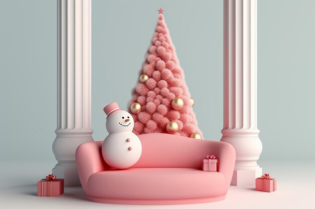 interior de árbol rosa con decoración de muñeco de nieve de Navidad