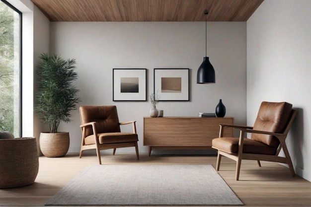 Interior con armario de madera y sillón renderizado en 3D