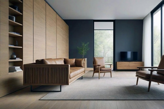Foto interior con armario de madera y sillón renderizado en 3d