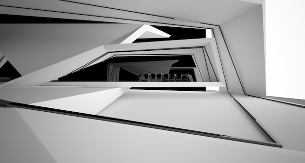 Foto interior arquitectónico abstracto en blanco y negro de una villa moderna con luces de neón modelo 3d