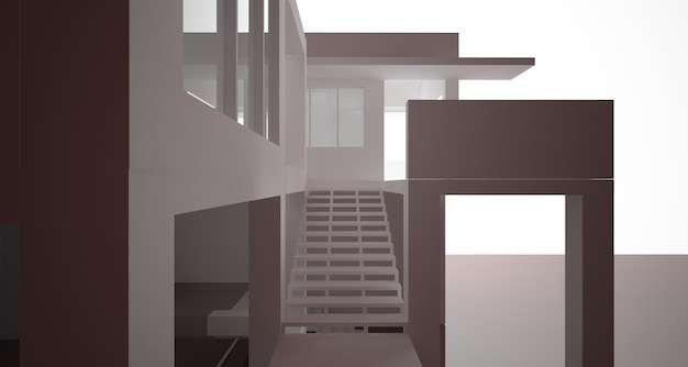 Interior arquitectónico abstracto de brillo blanco y negro de una casa minimalista con grandes ventanales modelo 3d