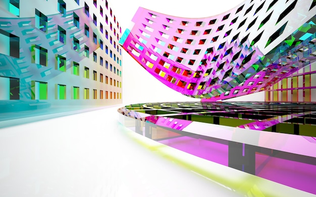 interior arquitectónico abstracto con escultura de vidrio liso de color con líneas negras ilustración 3D