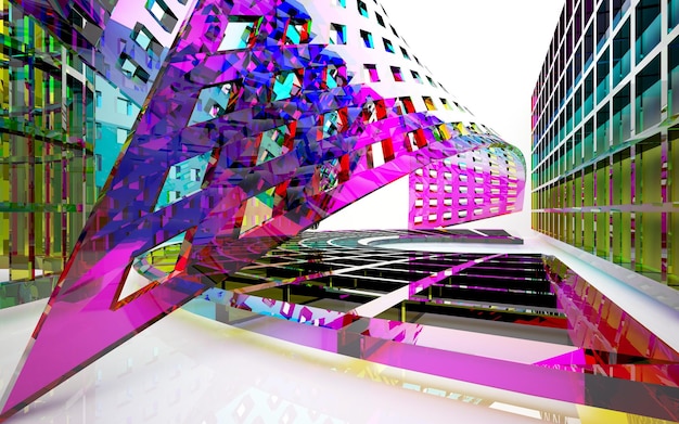 Foto interior arquitectónico abstracto con escultura de vidrio liso de color con líneas negras ilustración 3d