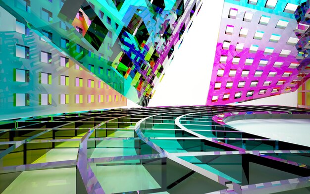 interior arquitectónico abstracto con escultura de vidrio liso de color con líneas negras ilustración 3D