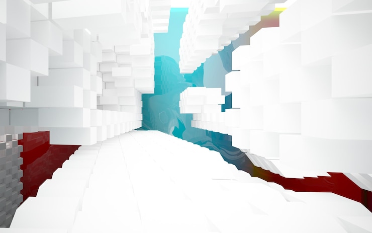Foto interior arquitectónico abstracto con escultura de vidrio liso de color con líneas negras ilustración 3d
