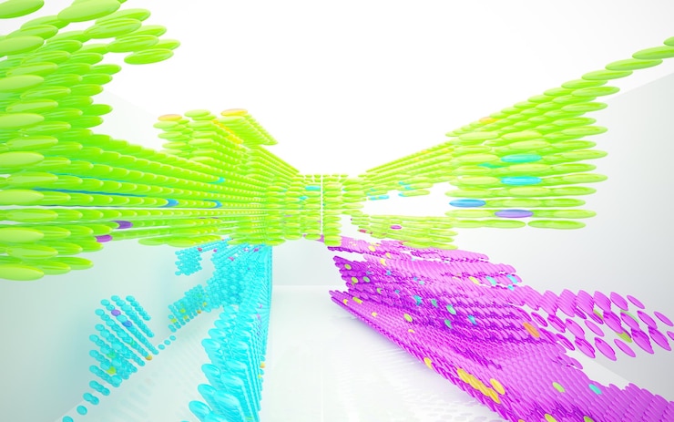 Foto interior arquitectónico abstracto con escultura de vidrio liso de color con líneas negras ilustración 3d