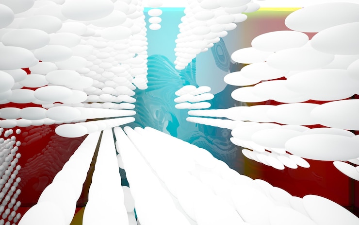Foto interior arquitectónico abstracto con escultura de vidrio liso de color con líneas negras ilustración 3d