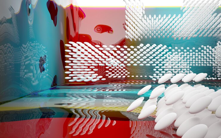 Foto interior arquitectónico abstracto con escultura de vidrio liso de color con líneas negras ilustración 3d