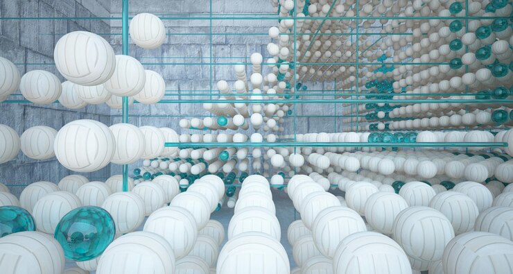 Foto interior arquitectónico abstracto de madera y vidrio a partir de una serie de esferas con grandes ventanales modelo 3d