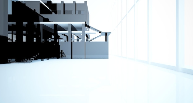 Interior arquitetônico abstrato branco e preto brilhante de uma casa minimalista com grandes janelas 3D