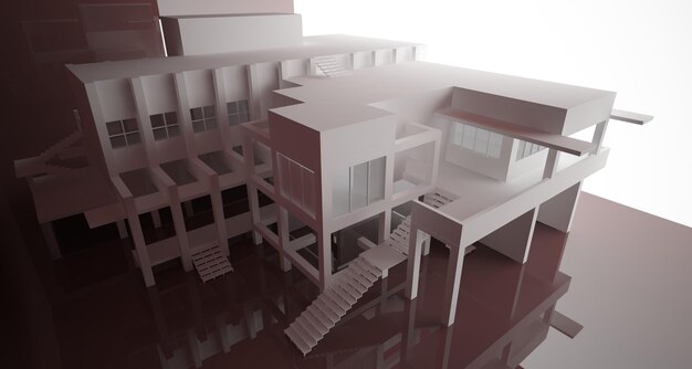 Interior arquitetônico abstrato branco e preto brilhante de uma casa minimalista com grandes janelas 3D