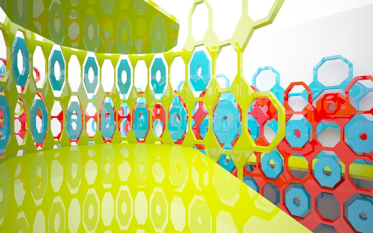 Foto interior arquitetônico abstrato com escultura de vidro geométrica gradiente com linhas pretas. 3d