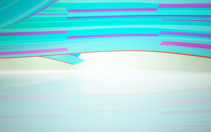 Foto interior arquitetônico abstrato com escultura de vidro liso colorido com ilustração 3d de linhas pretas