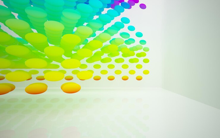 Foto interior arquitetônico abstrato com escultura de vidro liso colorido com ilustração 3d de linhas pretas