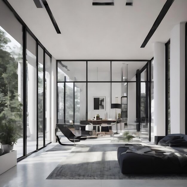 Interior arquitetônico abstrato de brilho branco e preto de uma casa minimalista com grandes janelas