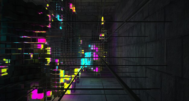 Interior arquitetônico abstrato de metal enferrujado de uma matriz de cubos de concreto com gradiente de cor neo