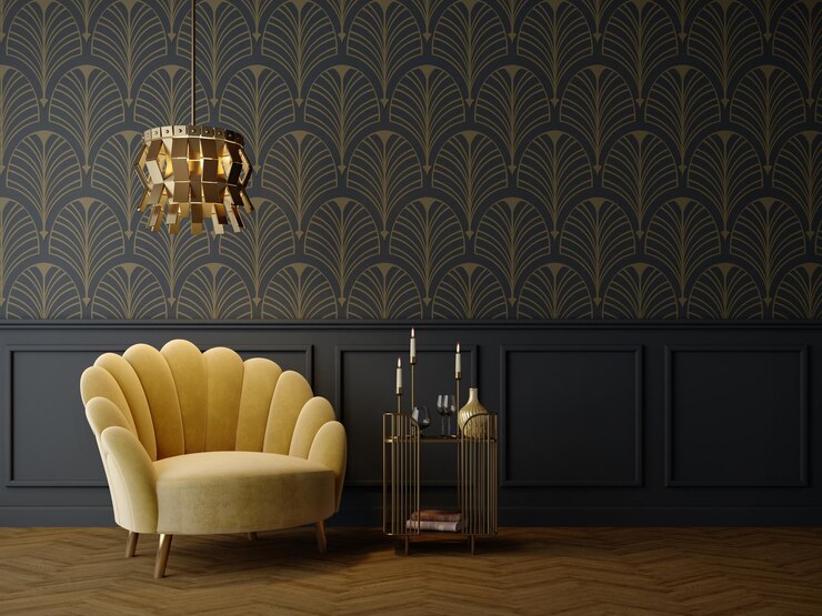 Interior Art Deco de estilo clásico con sillón amarillo y lámpara