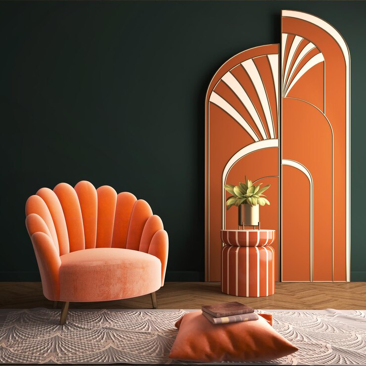 Interior Art Deco en estilo clásico con sillón naranja3d renderización