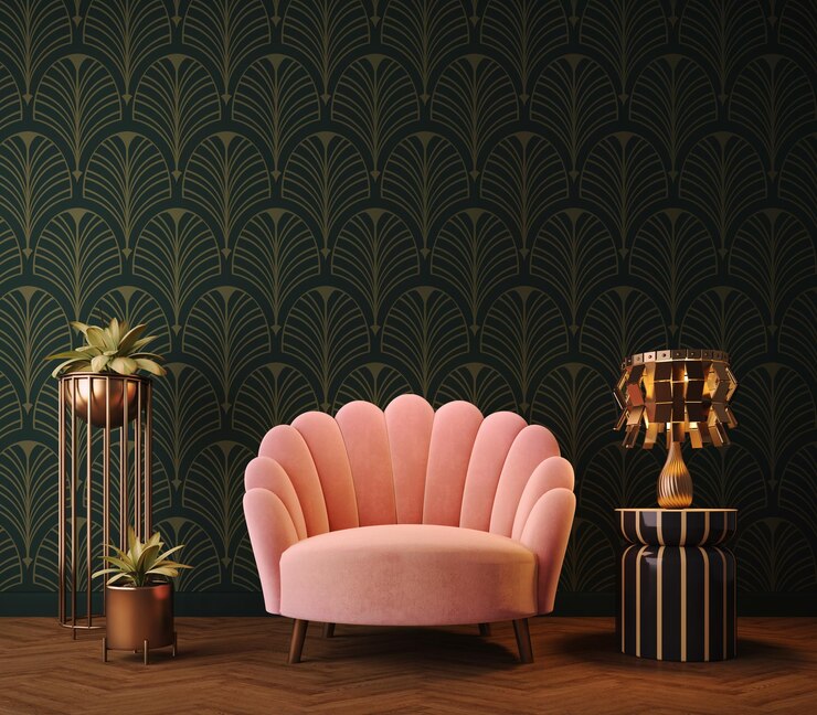 Interior Art Deco de estilo clásico con sillón rosa y lámpara