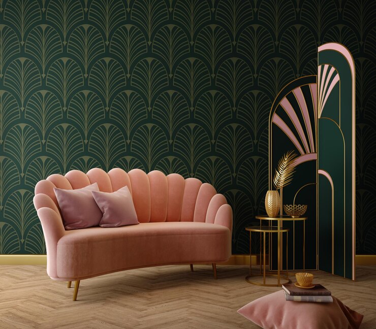 Interior Art Deco de estilo clásico con sofá rosa y mesa