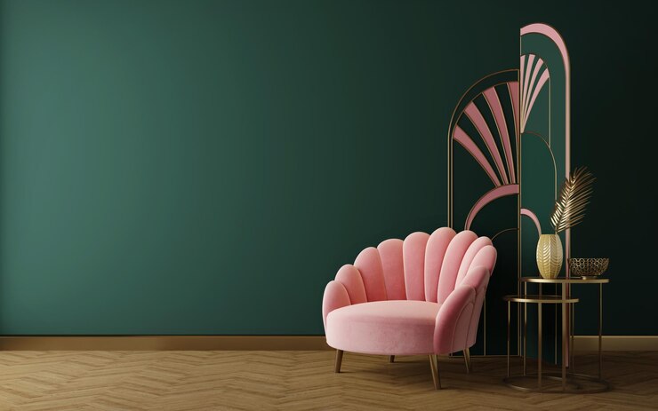Interior Art Deco en estilo clásico con sofá rosado y pantalla