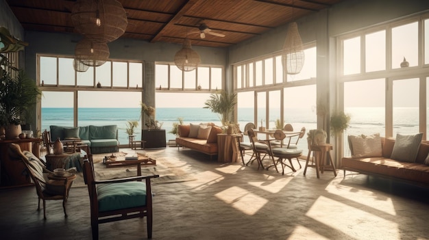 Interior atmosférico de um lounge de praia com vista para o mar e o pôr do sol Al gerado