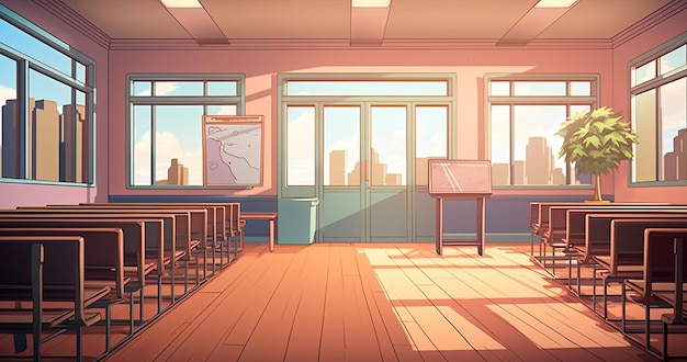 Foto interior del aula escolar ilustración vectorial en estilo de dibujos animados concepto de educación