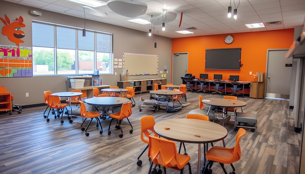 Foto interior del aula con escritorios