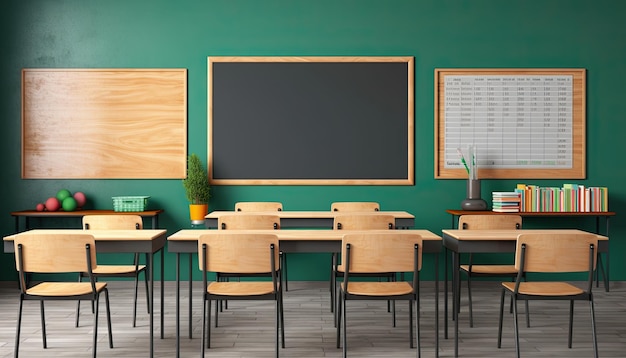 Interior del aula de la escuela moderna con concepto educativo de pizarra verde