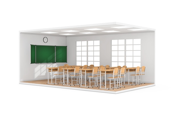 Interior del aula de la escuela con ventana grande, pupitres, sillas, pizarra y piso de parquet de madera sobre un fondo blanco. Representación 3D