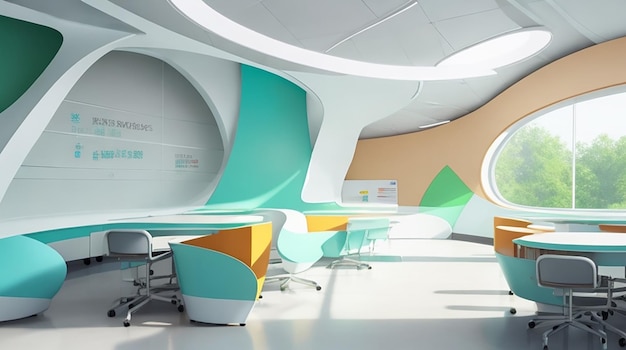 Interior del aula para una institución educativa futurista.