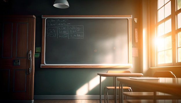 Interior de un aula con luces cambiantes y sombras IA generativa